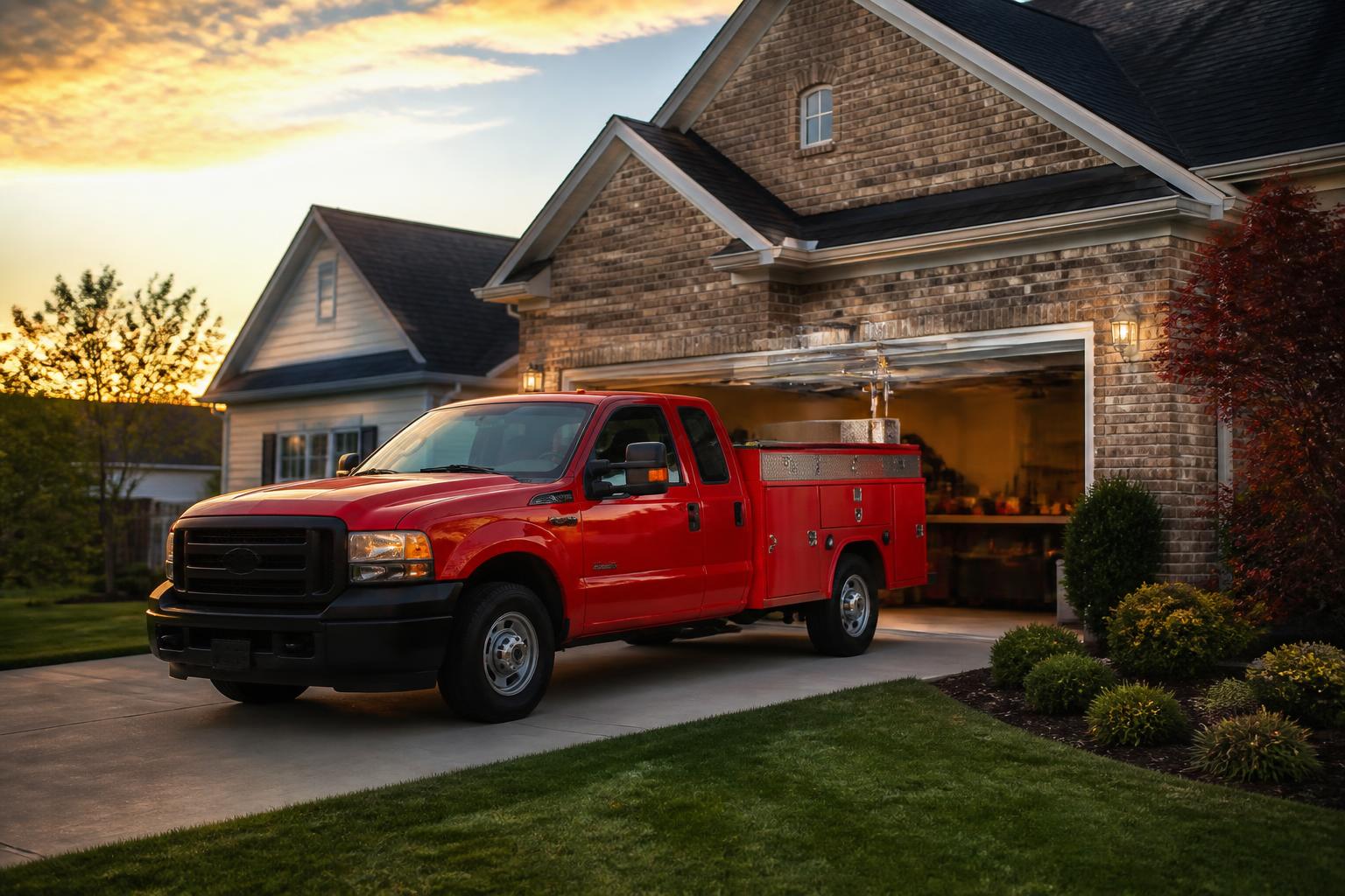 Victory Lane red service truck parked at a Harrisburg, NC home with the garage door open